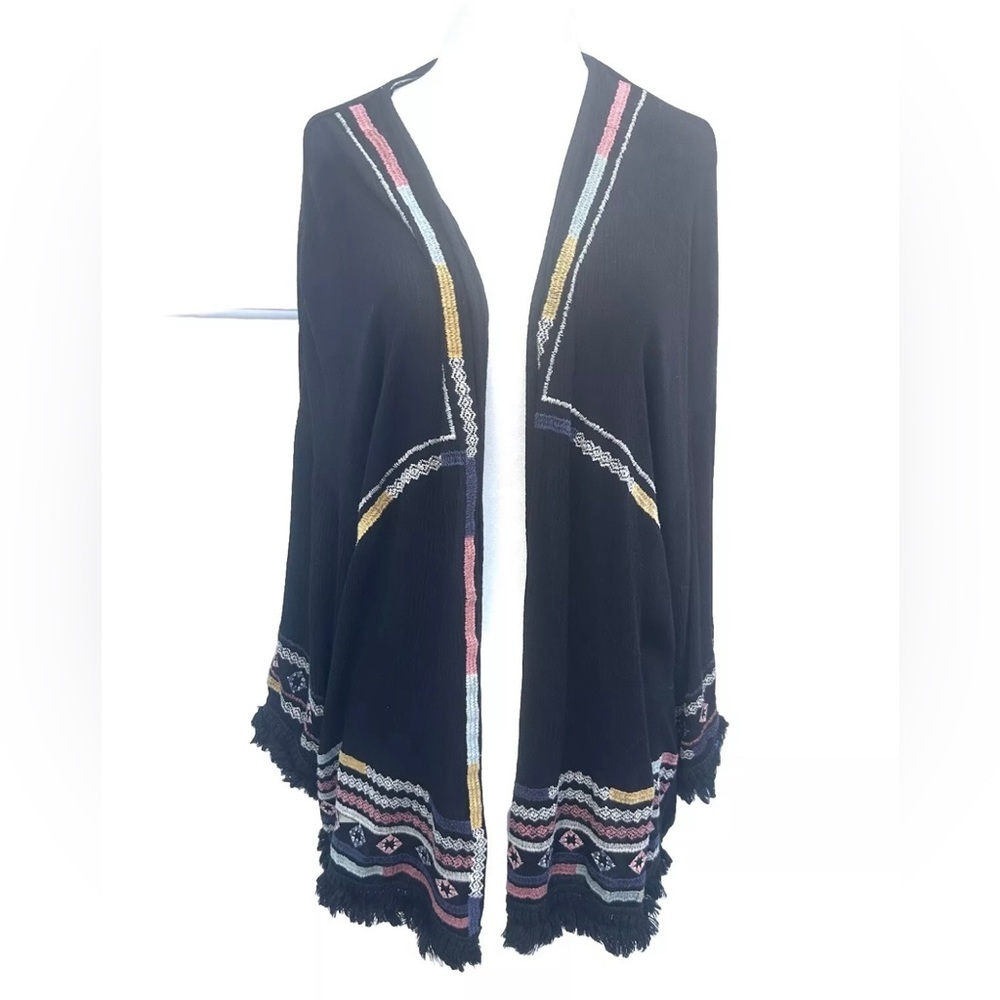 Knox Rose cardigan M open front embroidered black multi fringe bohemian hippie